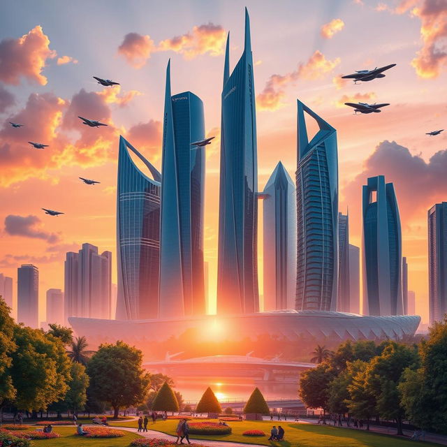 A futuristic city skyline at sunset, featuring sleek, towering skyscrapers made of glass and steel with intricate designs