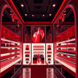 A luxurious lipstick shop interior, elegantly designed with bold red tones throughout