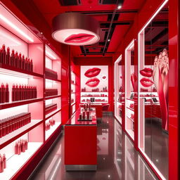 A luxurious lipstick shop interior, elegantly designed with bold red tones throughout