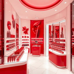 A luxurious lipstick shop interior, elegantly designed with bold red tones throughout