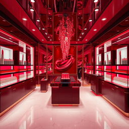 A luxurious lipstick shop interior, elegantly designed with bold red tones throughout