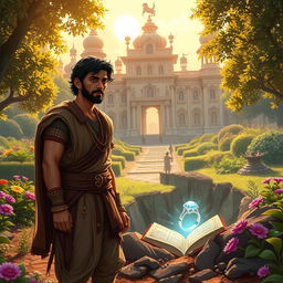 In a lush garden outside a grand magical palace under golden sunlight, a young prince anxiously awaits his brother