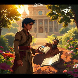 In a lush garden outside a grand magical palace under golden sunlight, a young prince anxiously awaits his brother