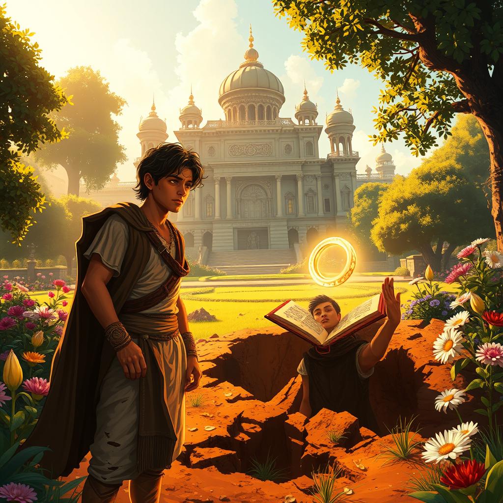 In a lush garden outside a grand magical palace under golden sunlight, a young prince anxiously awaits his brother