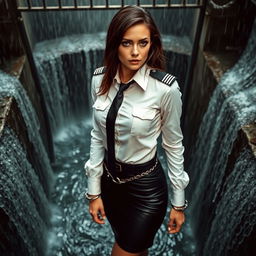 A slim, busty woman wearing a white shirt with pockets and long sleeves, featuring black epaulettes on her shoulders