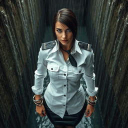 A slim, busty woman wearing a white shirt with pockets and long sleeves, featuring black epaulettes on her shoulders