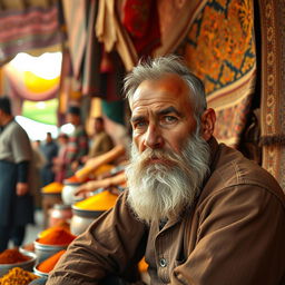 A portrait of a man with a faded beard sitting in a bustling market in Afghanistan, surrounded by the vibrant colors of traditional fabrics and spices, with people in historical Afghan attire nearby