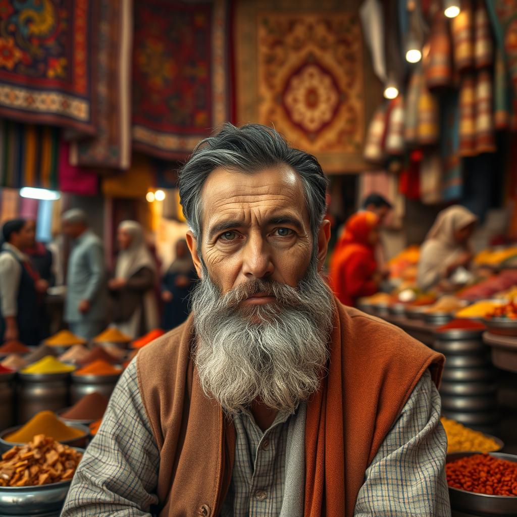 A portrait of a man with a faded beard sitting in a bustling market in Afghanistan, surrounded by the vibrant colors of traditional fabrics and spices, with people in historical Afghan attire nearby