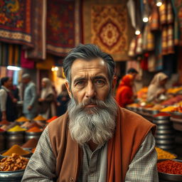 A portrait of a man with a faded beard sitting in a bustling market in Afghanistan, surrounded by the vibrant colors of traditional fabrics and spices, with people in historical Afghan attire nearby