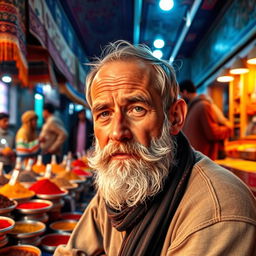 A portrait of a man with a faded beard sitting in a bustling market in Afghanistan, surrounded by the vibrant colors of traditional fabrics and spices, with people in historical Afghan attire nearby