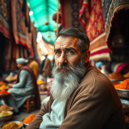 A portrait of a man with a faded beard sitting in a bustling market in Afghanistan, surrounded by the vibrant colors of traditional fabrics and spices, with people in historical Afghan attire nearby