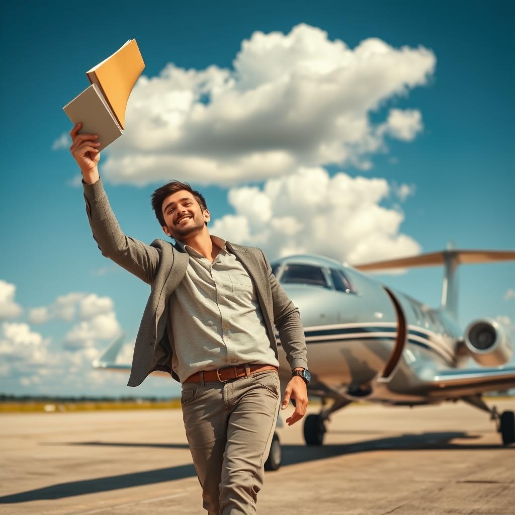 A man in casual clothing throwing a book into the air with a determined expression, as he walks confidently toward a sleek airplane parked on a sunny tarmac