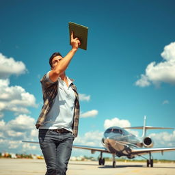 A man in casual clothing throwing a book into the air with a determined expression, as he walks confidently toward a sleek airplane parked on a sunny tarmac
