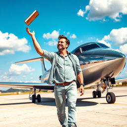 A man in casual clothing throwing a book into the air with a determined expression, as he walks confidently toward a sleek airplane parked on a sunny tarmac