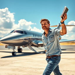 A man in casual clothing throwing a book into the air with a determined expression, as he walks confidently toward a sleek airplane parked on a sunny tarmac