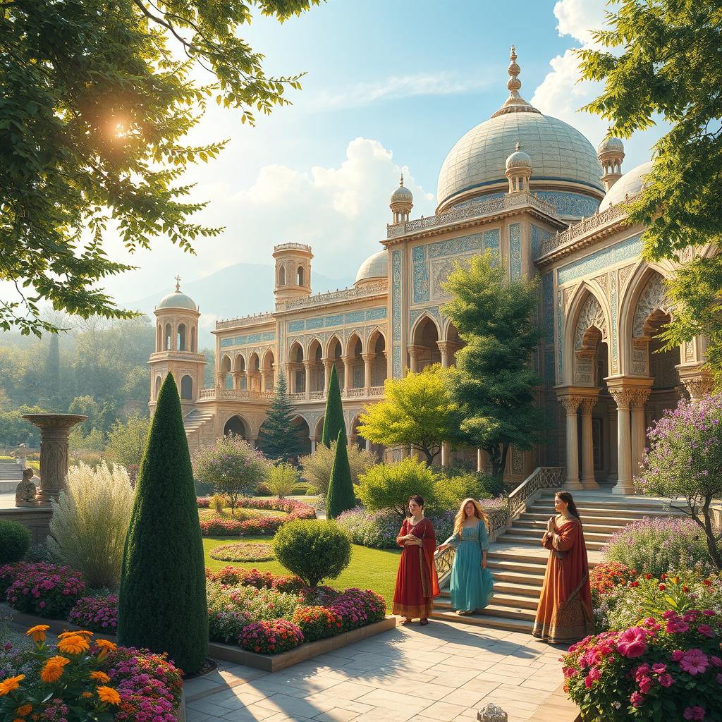 A stunningly detailed wallpaper depicting the Iranian Golden Age, featuring intricate Persian architecture, lush gardens filled with colorful flowers, and elegantly dressed individuals in traditional Persian attire