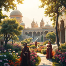 A stunningly detailed wallpaper depicting the Iranian Golden Age, featuring intricate Persian architecture, lush gardens filled with colorful flowers, and elegantly dressed individuals in traditional Persian attire