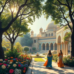A stunningly detailed wallpaper depicting the Iranian Golden Age, featuring intricate Persian architecture, lush gardens filled with colorful flowers, and elegantly dressed individuals in traditional Persian attire