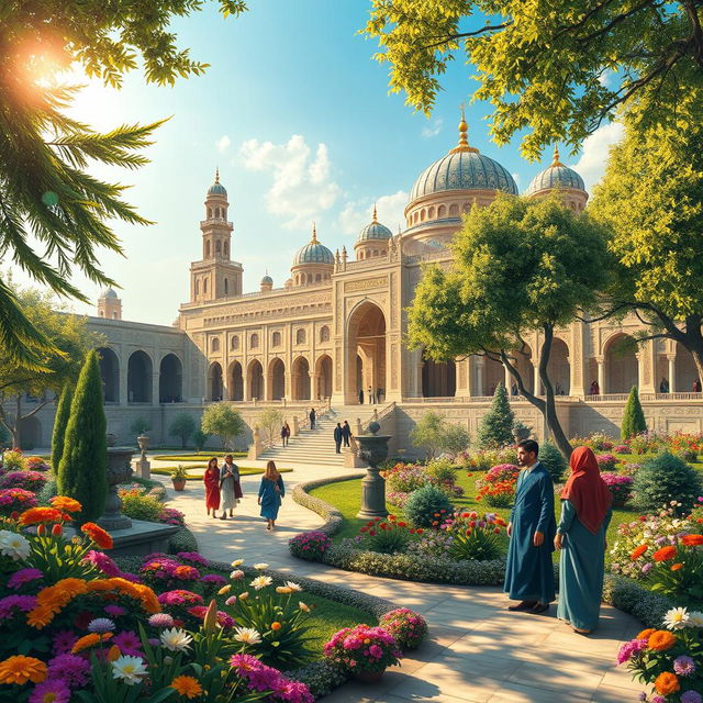 A stunningly detailed wallpaper depicting the Iranian Golden Age, featuring intricate Persian architecture, lush gardens filled with colorful flowers, and elegantly dressed individuals in traditional Persian attire