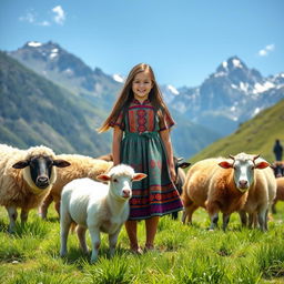 A serene portrait of a rural girl standing gracefully among fluffy sheep and gentle cows in a picturesque mountain setting