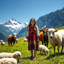 A serene portrait of a rural girl standing gracefully among fluffy sheep and gentle cows in a picturesque mountain setting