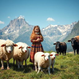 A serene portrait of a rural girl standing gracefully among fluffy sheep and gentle cows in a picturesque mountain setting