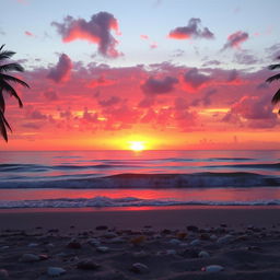 A beautiful sunset over a tranquil beach, with vivid orange, pink, and purple hues painting the sky