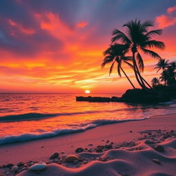 A beautiful sunset over a tranquil beach, with vivid orange, pink, and purple hues painting the sky