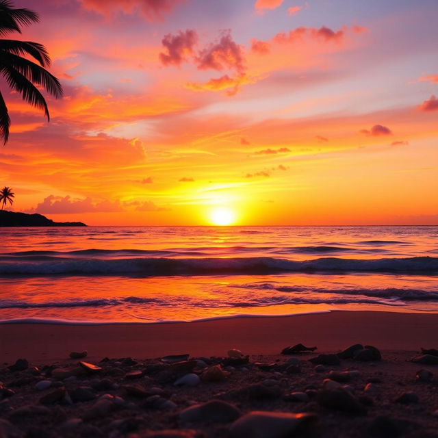 A beautiful sunset over a tranquil beach, with vivid orange, pink, and purple hues painting the sky