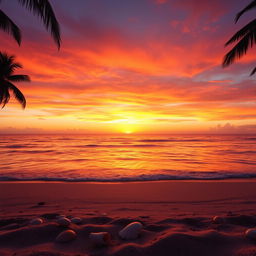 A beautiful sunset over a tranquil beach, with vivid orange, pink, and purple hues painting the sky