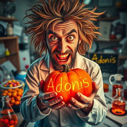 A vibrant and poignant image of a disheveled virus scientist with wild hair and a crazed expression, surrounded by an array of colorful viral petri dishes and lab equipment