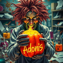 A vibrant and poignant image of a disheveled virus scientist with wild hair and a crazed expression, surrounded by an array of colorful viral petri dishes and lab equipment