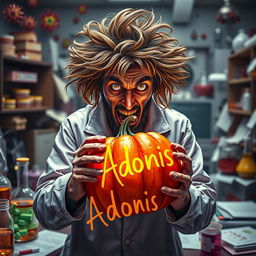 A vibrant and poignant image of a disheveled virus scientist with wild hair and a crazed expression, surrounded by an array of colorful viral petri dishes and lab equipment