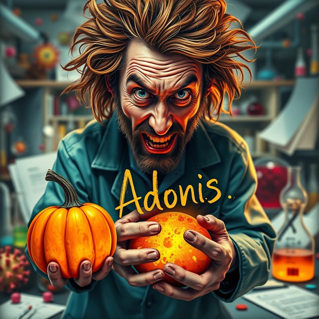 A vibrant and poignant image of a disheveled virus scientist with wild hair and a crazed expression, surrounded by an array of colorful viral petri dishes and lab equipment