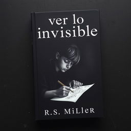 A minimalist and dark book cover featuring a teenager immersed in drawing macabre images