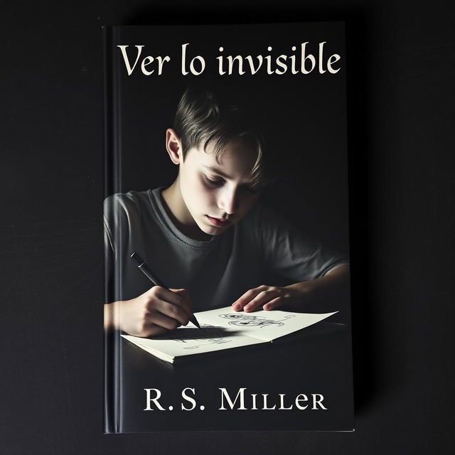 A minimalist and dark book cover featuring a teenager immersed in drawing macabre images