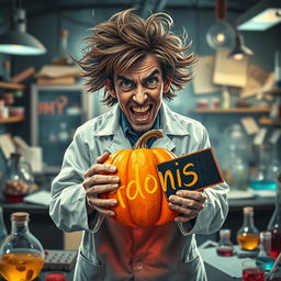 A vibrant and poignant image of a disheveled virus scientist in a chaotic laboratory, surrounded by various viral petri dishes and scientific equipment