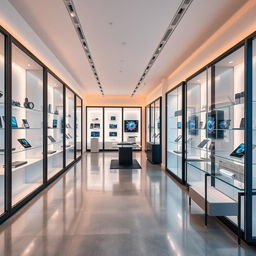 A sleek and modern technology store interior design, featuring walls with elegant glass display cases, each bordered by stylish black aluminum bars