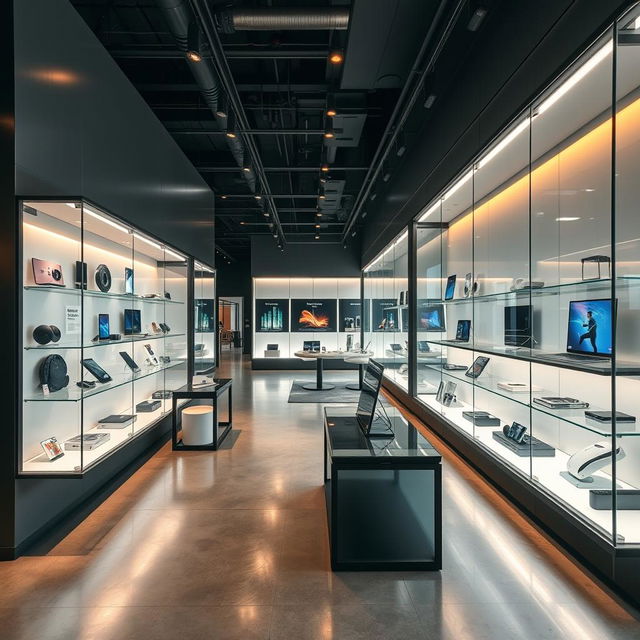 A sleek and modern technology store interior design, featuring walls with elegant glass display cases, each bordered by stylish black aluminum bars