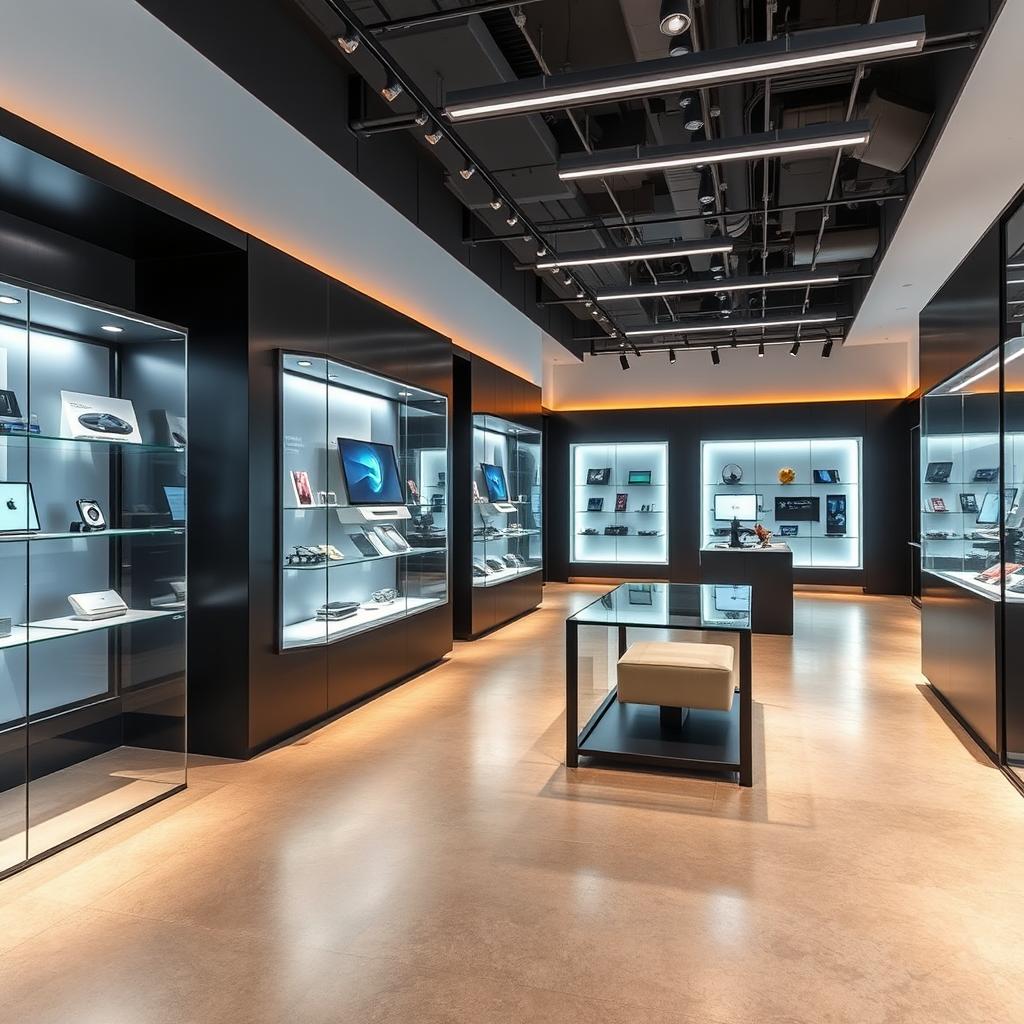 A sleek and modern technology store interior design, featuring walls with elegant glass display cases, each bordered by stylish black aluminum bars