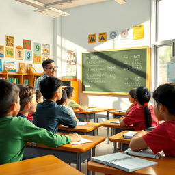 A classroom scene depicting an engaging teacher interacting with students
