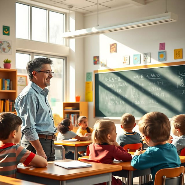 A classroom scene depicting an engaging teacher interacting with students