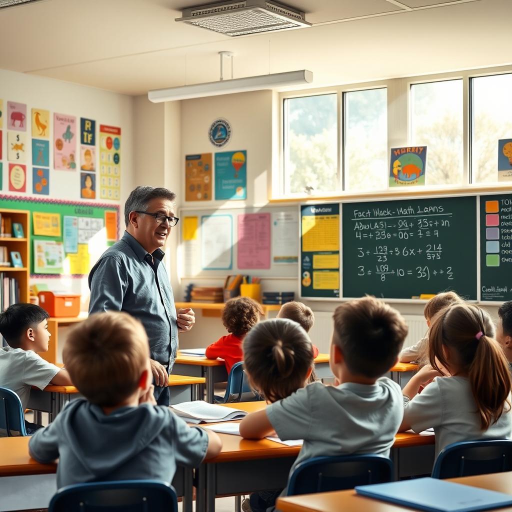 A classroom scene depicting an engaging teacher interacting with students
