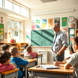 A classroom scene depicting an engaging teacher interacting with students