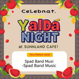 A vibrant, eye-catching Instagram story banner for Yalda Night celebration at Sunland Cafe