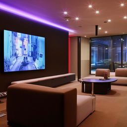 A modern TV lounge with sleek furniture, a large flat-screen TV on the wall, ambient lighting, and tasteful decor.