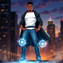 A superhero with dark skin, short black hair, and a charming smile, standing confidently in a dynamic pose