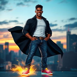 A superhero with dark skin, short black hair, and a charming smile, standing confidently in a dynamic pose