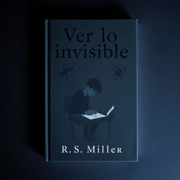 A minimalist dark book cover featuring a teenager sitting at a desk, deeply engrossed in drawing eerie and macabre images