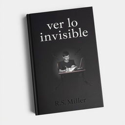 A minimalist dark book cover featuring a teenager sitting at a desk, deeply engrossed in drawing eerie and macabre images